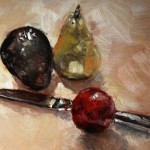 Three Pieces of Fruit with Knife